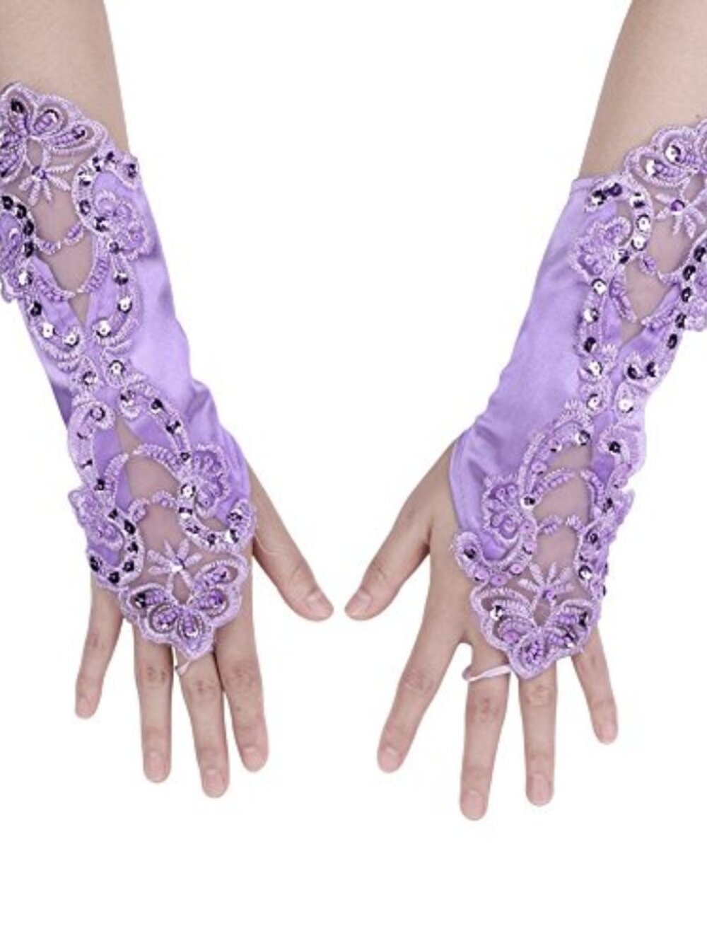 Lace Floral Gloves Fingerless‎ Bridal with Sequin Women Satin Handwear